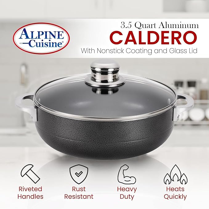 Alpine Cuisine 3.5 Quart Nonstick Cauldron with Glass Lid Multipurpose Aluminum Dutch Oven for Braising - Boiling - Stewing Nonstick Coating with Black Finish
