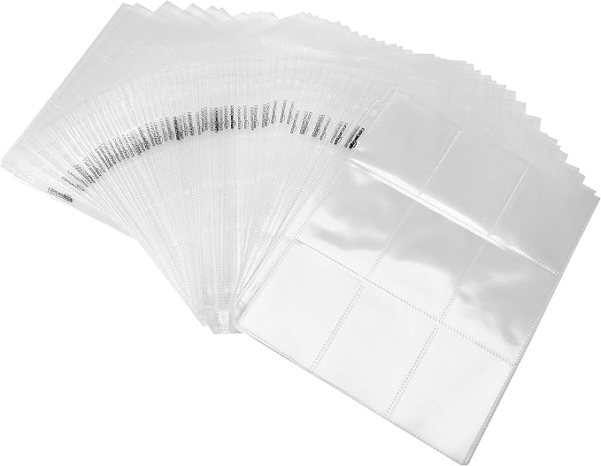 Basics 9 Sleeve Card Protectors Binder Sheet for Secure Card Storage, 100 Pack, Transparent