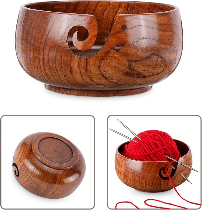 Wooden Yarn Bowl, Knitting Yarn Bowl with Holes Storage Handmade to Prevent Slipping, Perfect Yarn Bowl for Crocheting and Knitting Mothers Day Gift 6" x 3"