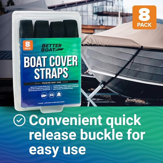 Boat Cover Straps, Adjustable Buckle, 8 Pack, 1" x 96" Nylon Utility Straps with Quick Release Buckles