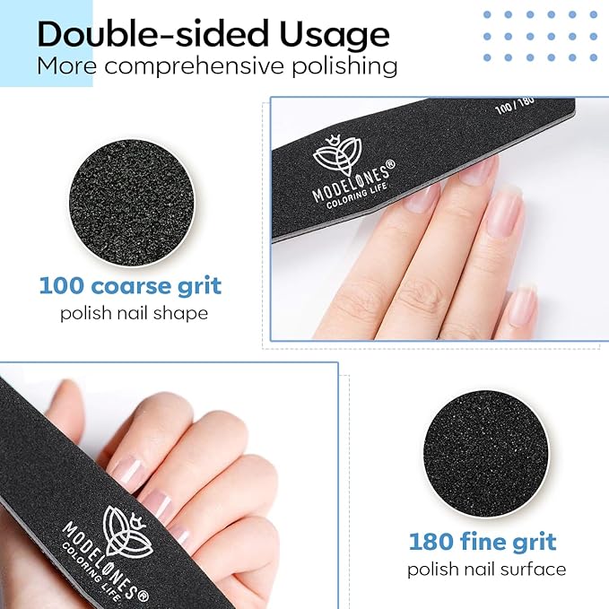Modelones 8Pcs Nail File and Buffer Set, Professional Double Sided 100180 Grit Gel Nail File Set, Manicure File for Acrylic and Natural Nails, Nail Care kit Tool Nail Supplies for Home and Salon Use