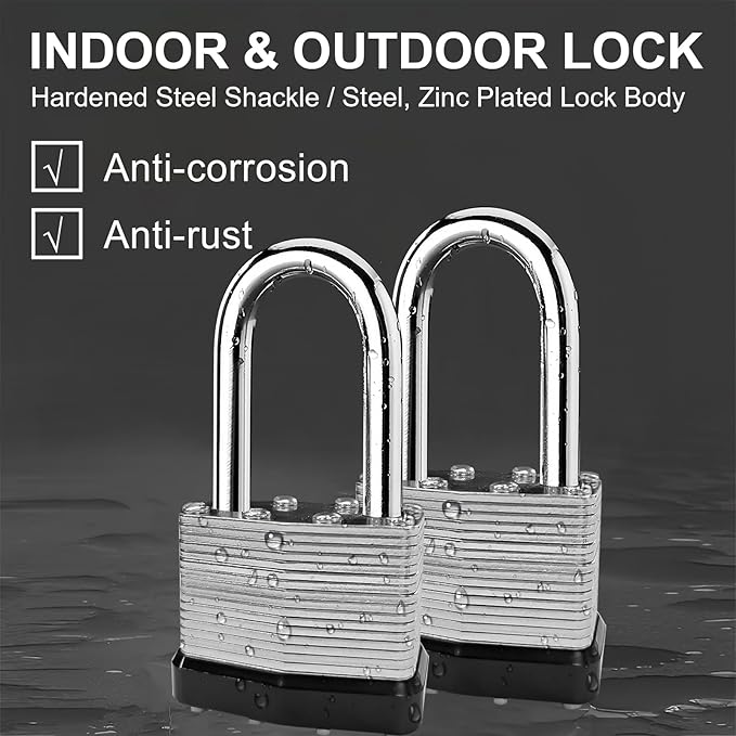 Pad Lock with 2 Keys, Heavy Duty Laminated Padlock with Long Hardened Shackle for Indoor/Outdoor Use, Candados para Puertas