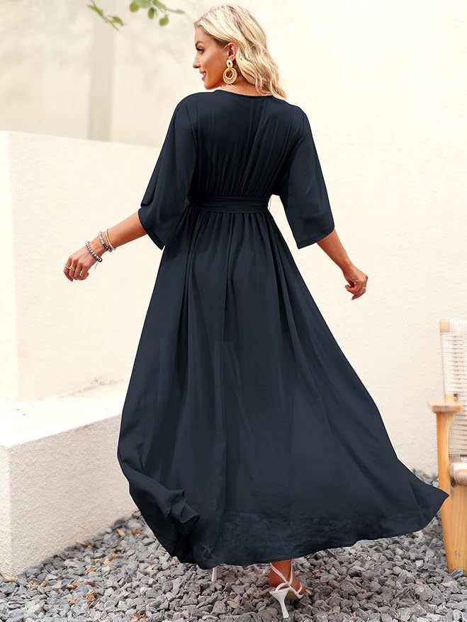 ANRABESS Women’s Summer Loose Boho Flowy Wrap V Neck 3/4 Sleeve Floral Print Slit Beach Wedding Guest Long Maxi Dresses