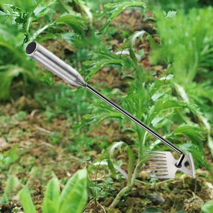 Weeds Puller Weeds Picker Easily Remove Weeds Long Handle Silver Weeds Remover Tool Gardening Hand Weeding Tool for Weeding, 53 cm 8 Teeth