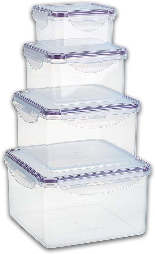Set of 4 Square Nesting Food Storage Containers - Reusable, BPA Free Plastic, Snap Lock Lids With a Leakproof Silicone Seal. Great for Snacks, Soup, Fruit, Salad and Food Storage