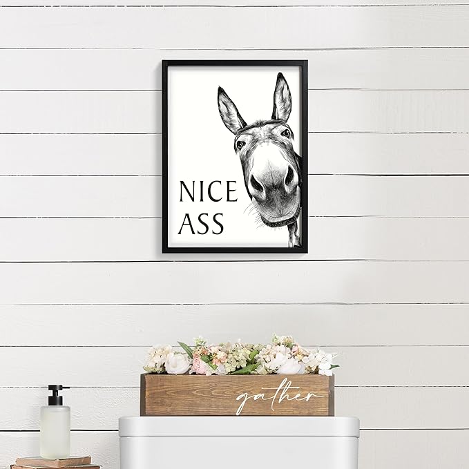 Framed Bathroom Wall Art, Donkey in Bathroom for Bathroom Wall Decor Farmhouse Home Bathroom Decor Sets Funny Bathroom Signs (8"x10",Black)