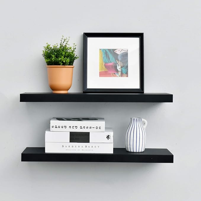 WELLAND Set of 2 Floating Shelves Wall Mounted Shelf, for Home Decor with 8" Deep (Black, 24 inch)