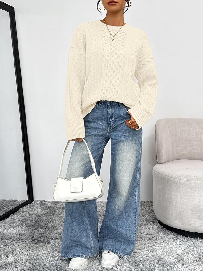 Trendy Queen Womens Oversized Cable Knit Sweaters 2026 Fall Fashion Outfits | Crewneck Fall Fashion Clothes Winter Clothing, Chunky Knit Texture, Cute Holiday Outfit Pullover Tops, Easy Layering Piece