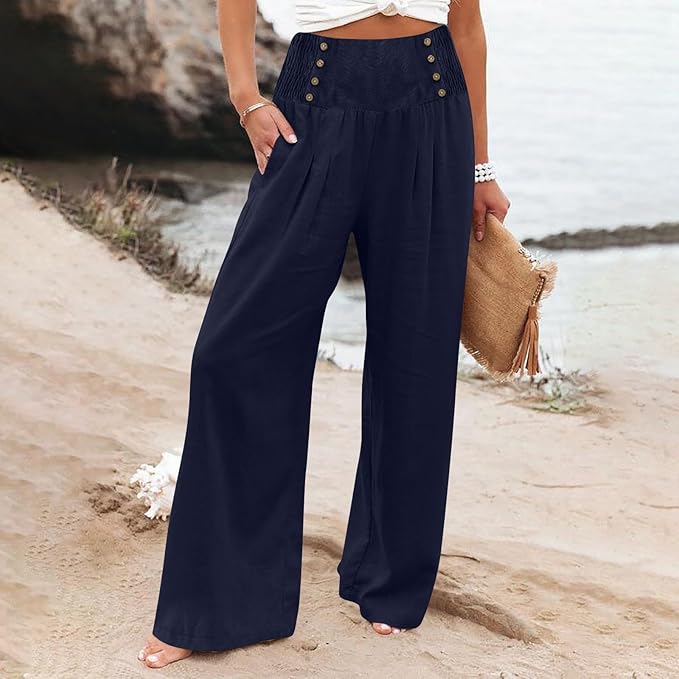Womens Linen Palazzo Pants 2024 High Waisted Summer Casual Pants Button Decer Boho Flowy Pants Vacation Beach Outfits
