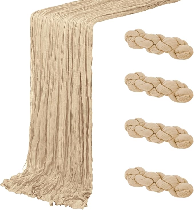 3 Pack Beige Cheesecloth Table Runner 20 x 120 inch Gauze Table Runners 10 FT Long,Semi Sheer Boho Cheese Cloth Fabric Table Runner Bulk for Party,Wedding,Baby Shower,Bridal Shower Decoration