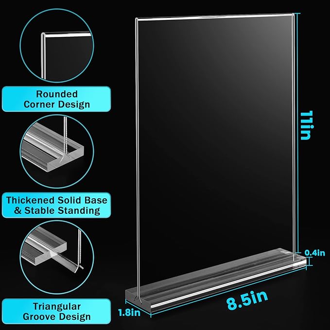 4-Pack Acrylic Sign Holder, 8.5 x 11 Inch Vertical T Shape Table Display Stand, Double-Sided Clear Plastic Sign Holders for Paper, Menu, and Flyer, Ideal for Home, Office, Restaurants, and Stores