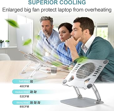 Laptop Cooling Stand with 3 Speed Fan, Adjustable Height Laptop Stand for Desk, Ergonimic Aluminum Laptop Cooling Pad for 10-15'' Notebook - Silver