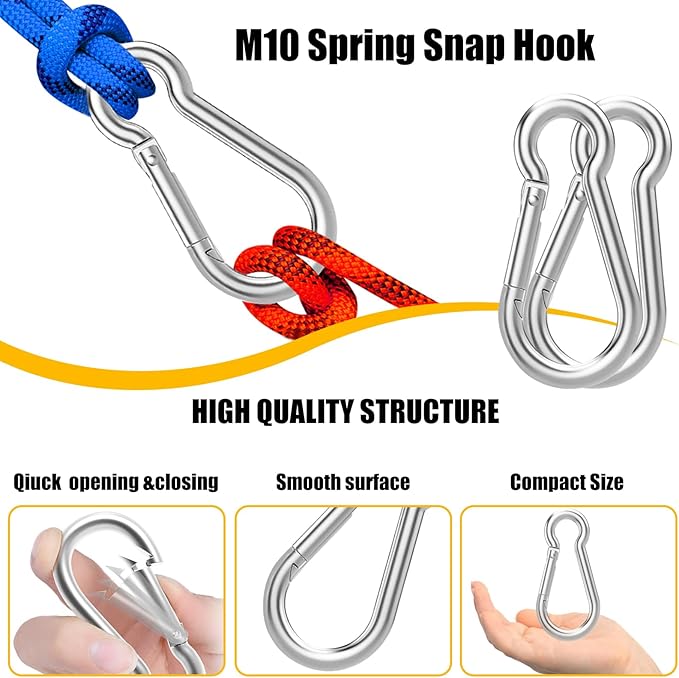 30PCS 4" Heavy Duty Spring Snap Hook, M10 38" Galvanized Steel Carabiner Clip Qiuck Link Spring Snap Hook, 770LBS Holding Capacity Keychain Buckle for Swing Hammock Gym Outdoor