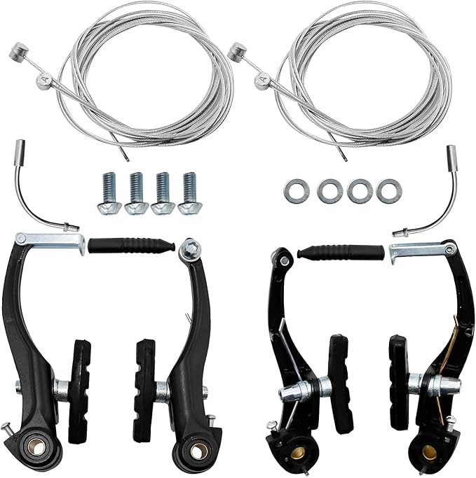 2 Pairs Bike Brake Set, Universal Complete V Bike Brakes Set for Most Mountain Bicycle, Including Road Bike Brakes Cables, Front Back Wheels End Caps,End Ferrules-Black