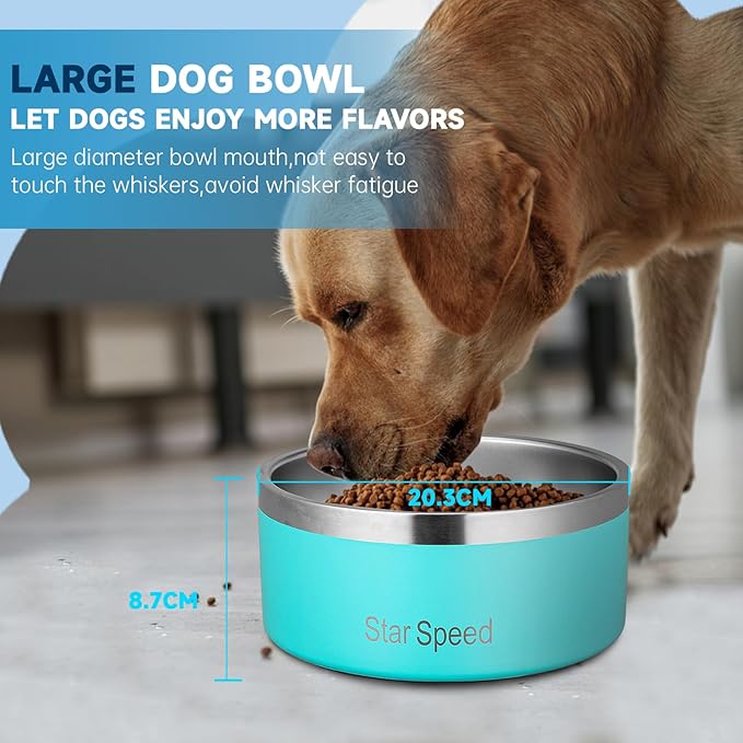 StarSpeed Stainless Steel Dog Bowl. Dog Water Bowls for Large Dogs with Rubber Bottom, Drop Resistant and Durable, Keeps Cold, Holds 8 Cups of Water, Fits Different Size Dog Bowls. (64oz, light green)