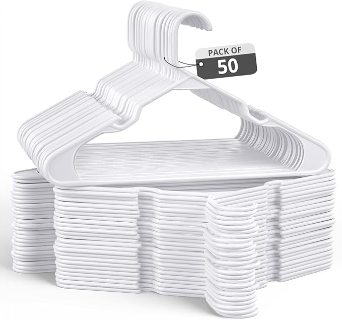 50 Pack Adult Plastic Hanger for Shirt Pants Coats Dresses Skirts Suits Jackets - Standard Thick Coat Hanger - Sturdy & Durable Design with Shoulder Grooves Hook - White
