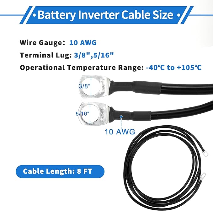 1 Pc Battery Inverter Cable 10 AWG Gauge 8FT 38" Lug 516" Lug Battery Cable Universal for Car Vehicle Boat RV Solar Tinned Copper Black