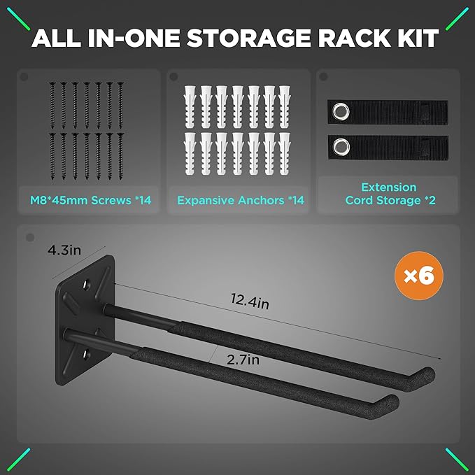 NACIAL 6 Pack Garage Storage System Hooks, Heavy Duty Wall Mount Tool Organizer, Chair Hanger Garage Storage Utility Hooks for Car Tires, Ladders, Chairs, Strollers, Power Tools, Garden Tools - 6 PACK