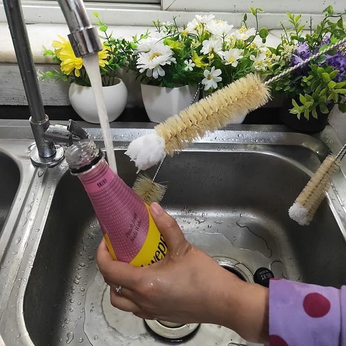 NewFerU Stainless Steel Soda Bottle Cleaning Brush in Natural Boar Bristle Wool Tip Long Handle, Flexible Bendable Thick Wire Cleaner for Narrow Neck Water Baby Bottles Straw Pipe Tube Flask