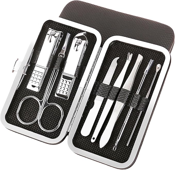 Manicure Set, 8pcs Nail Clippers Kit, Stainless Steel Manicure Kit, Nail Clipping Tools Portable Travel Grooming Kit, The Best Gift with Luxurious Case (A)