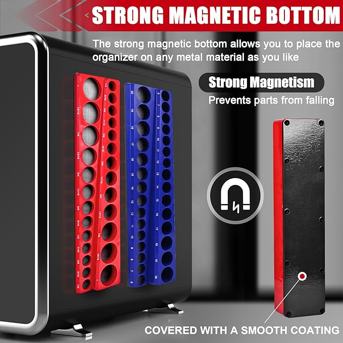 Magnetic Socket Organizer 2-Piece Magnetic Socket Holder 38 Inch Drive Metric SAE Trays Tool Storage Set Magnet Rail Holds 56 Sockets for Tool Box Drawer
