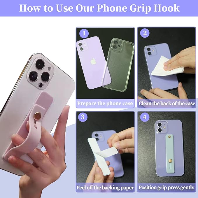 Phone Strap Holder for Hand Grip, Adhesive Cellphone Case Sticky Gripper for Back of Phone with Finger Loop for Kindle, iPhone, iPad - 4 x Grey, Black, White