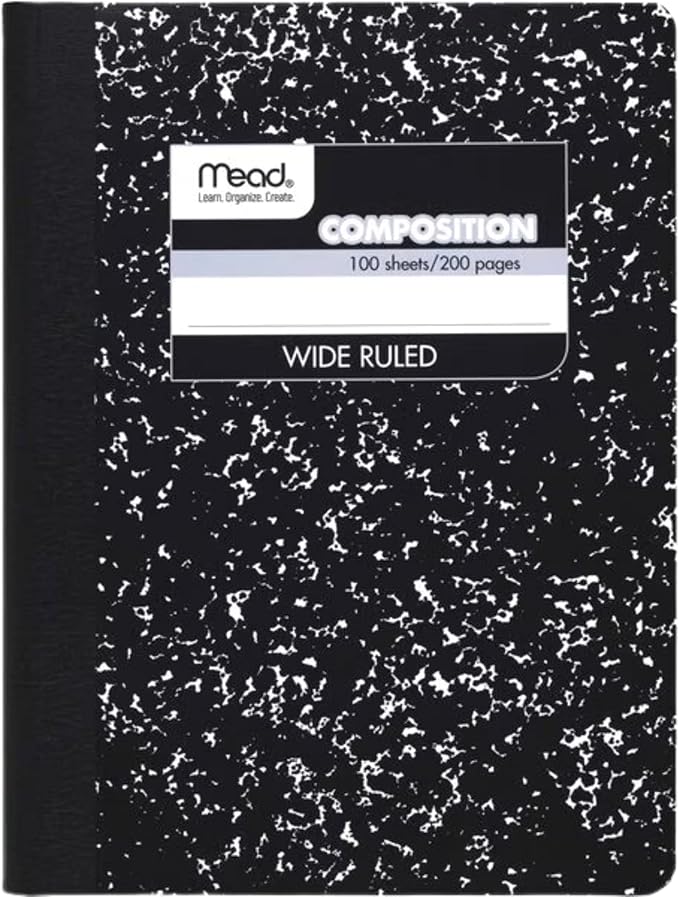 Mead Composition, Wide Ruled Comp Book, Writing Journal Notebook with Lined Paper, Home School Supplies for College Students K-12, 9-34" x 7-12", 100 Sheets, Black Marble (09910)