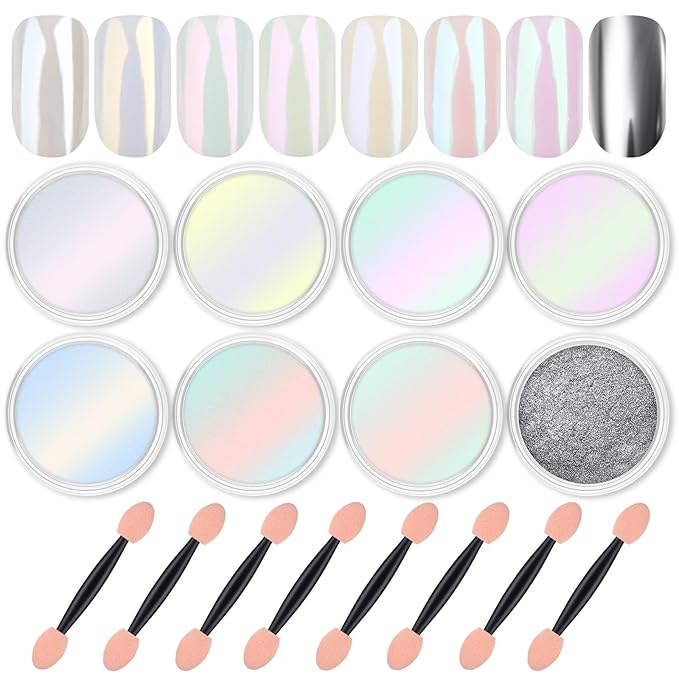 Artdone 8 Jars Chrome Nail Powder Magic White Pearl Kit Mirror Effect Silver Metallic Holographic Dip Nail Powder For Resin Craft & Nail Art Fimo, Decoration Iridescent Aurora Mermaid Pigment