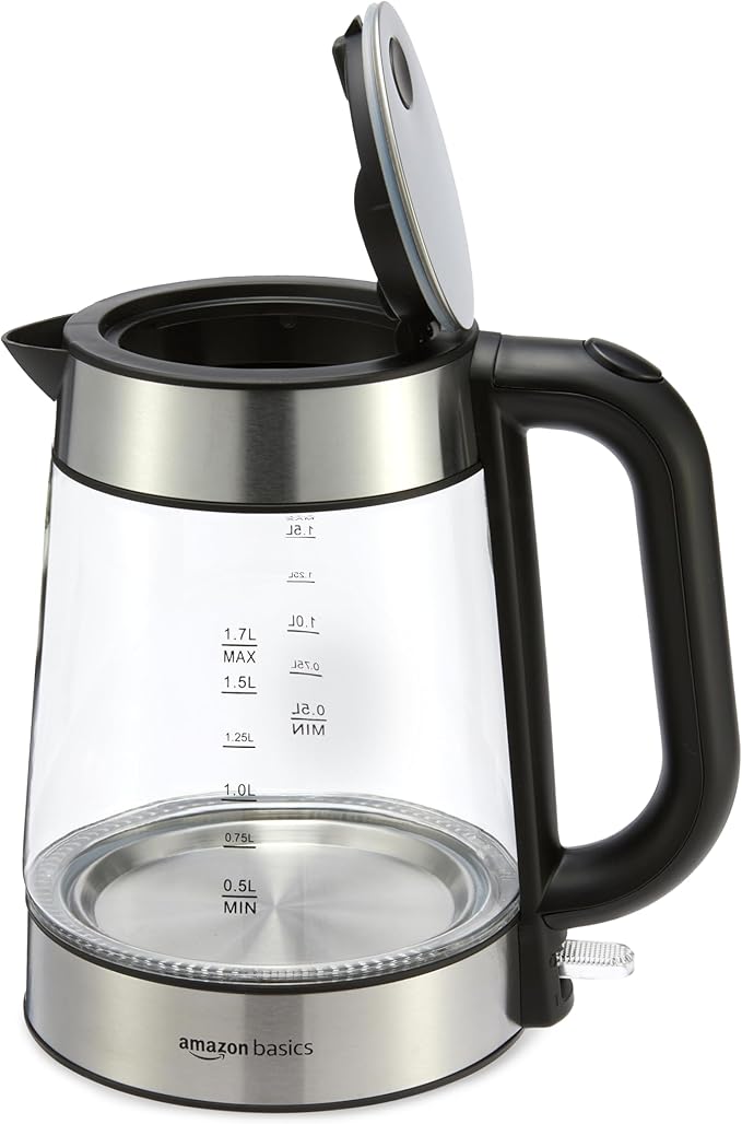 Basics Electric Kettle with Glass Carafe for Tea and Coffee, BPA-Free, Fast Boiling, Auto Shut-Off, 1.8 Quarts, 1500W, Black and Silver