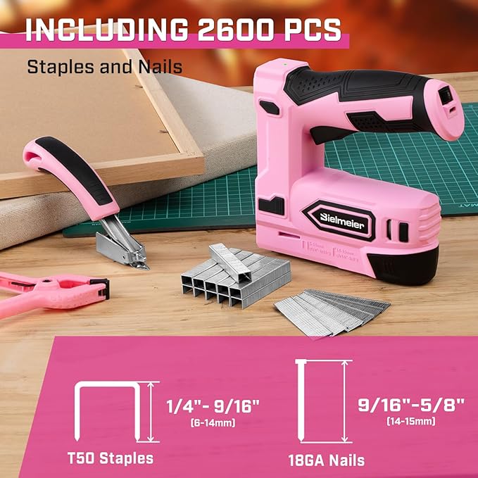 Pink Cordless Staple Gun, 2-in-1 Nail Gun Battery Powered - 4V Brad Nailer Tacker Electric Stapler for Upholstery, Material Repair, Carpentry, Wood, DIY