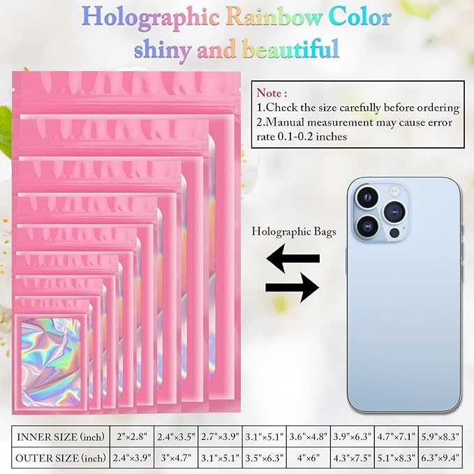 100 Pack Holographic Bags, Resealable Bags Packaging Bag with Clear Window Resealable Odor Foil Pouch for Food Storage, LipglossJewelry Lash Packaging(Pink, 2.4 x 3.9 Inch)