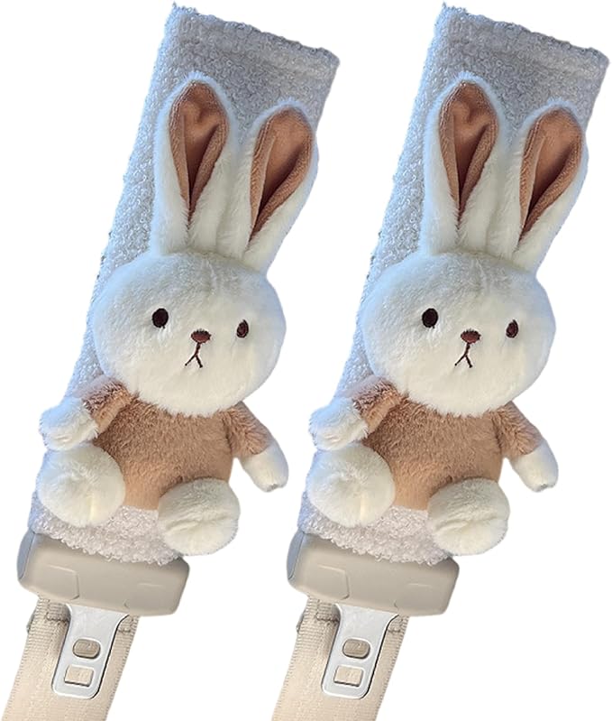 2Pcs Seat Belt Cover Pad for Kids Soft & Comfortable Cute Cartoon Bunny Seat Belt Cover Pad Winter Plush Fluffy Seatbelt Covers for Baby Pushchair