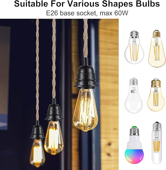Simple Deluxe 15FT Pendant Light Cord, Suitable E26 Socket with Switch, Twisted Hemp Rope Plug in Hanging Light Kit, for Industrial Retro DIY Decoration