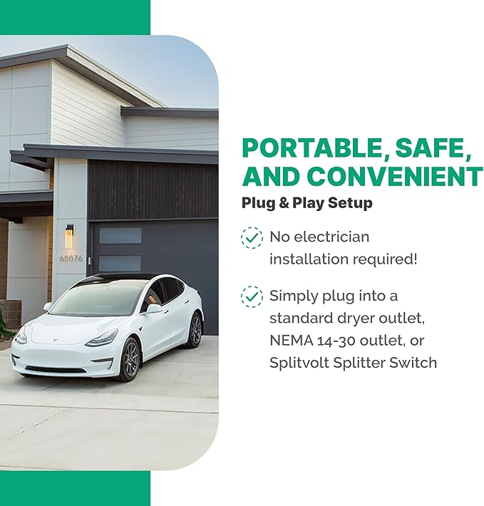 Splitvolt NEMA 14-30 Level 2 EV Charger 24 Amp, 220-240 Volt, 26ft Cable, Electric Vehicle Charger Plug-in EV Charging Station with J1772 Plug, Fastest 30 Amp Circuit NEC-Safe Charging