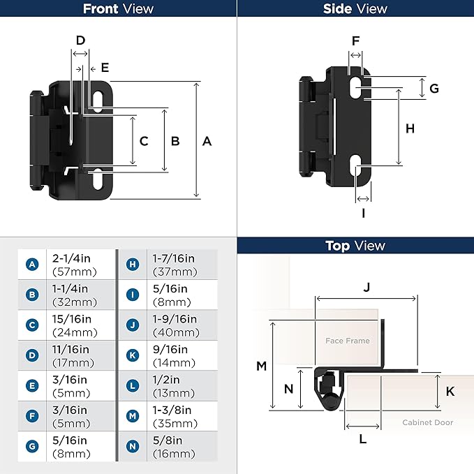 Amerock Cabinet Hinge 12 inch (13 mm) Overlay Hinge Matte Black 2 Pack Self-Closing Hinge Partial Wrap Hinge Cabinet Door Hinge