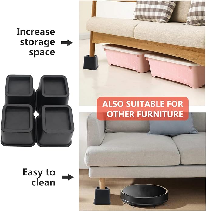 4 Pack Bed Risers 3 inch Furniture Risers, Heavy Duty Bed Lifts Risers for Table, Sofa, Chair, Couch, Desk, Bed Frame Risers Supports Up to 1,500 Lbs Black