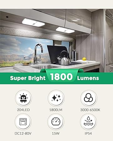204LED RV Ceiling Dome Light Fixture, 1800LM Super Thin RV Lights Interior, 3 Colors Dimmable 12V-80 Volts LED Lights for RVCamperCar InteriorBoatVanTrailer(3000-6000K), 1 Pack