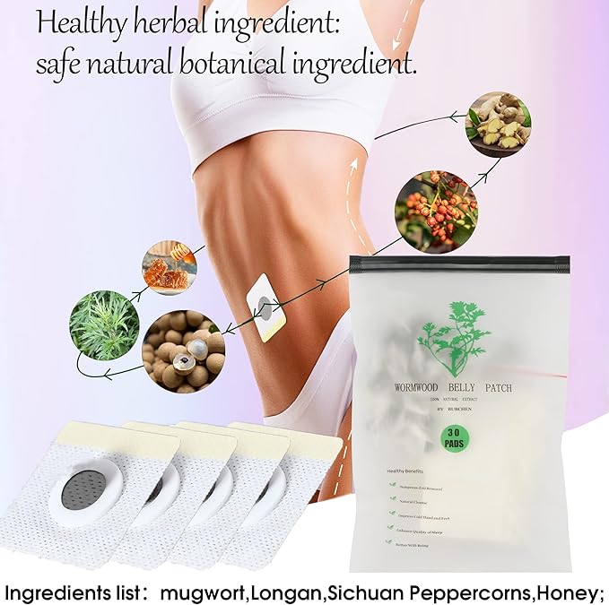 Bubchen Mugwort Belly Patch,30Pcs Natural Wormwood Essence and 30Pcs Belly Sticker, Moxa Hot Moxibustion Navel Wormwood Sticker