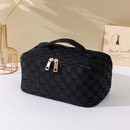 Makeup Bag, Wash Bag, Checkerboard Pattern Makeup Bag, Large Capacity Waterproof Storage Bag, Portable Cosmetic Bag, Women's Makeup Bag Black