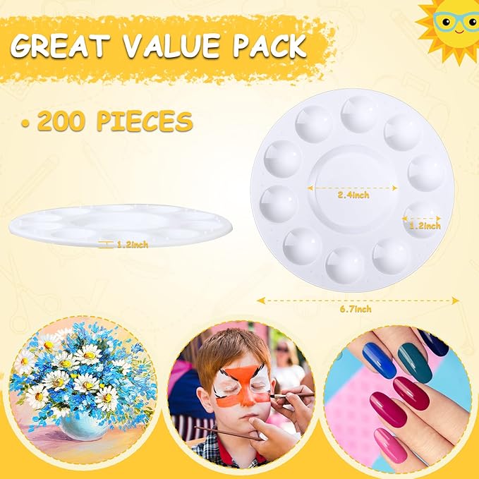 200 Pcs Paint Tray Palettes Plastic Round Paint Pallet White Washable Pallets Trays Holder for Students Adults Art Painting Class School Craft Project Supplies