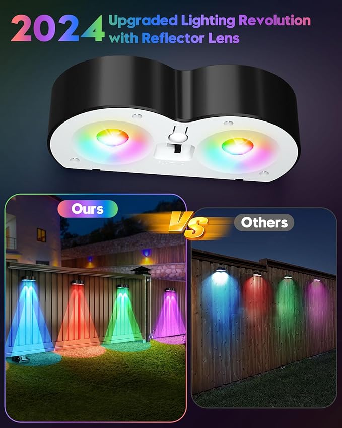 Pack of 8 upgraded solar lights for outdoor fence with point lenses, warm white, cool white and RGB 8 fixed colors, bright waterproof color lights for fence, wall, step,