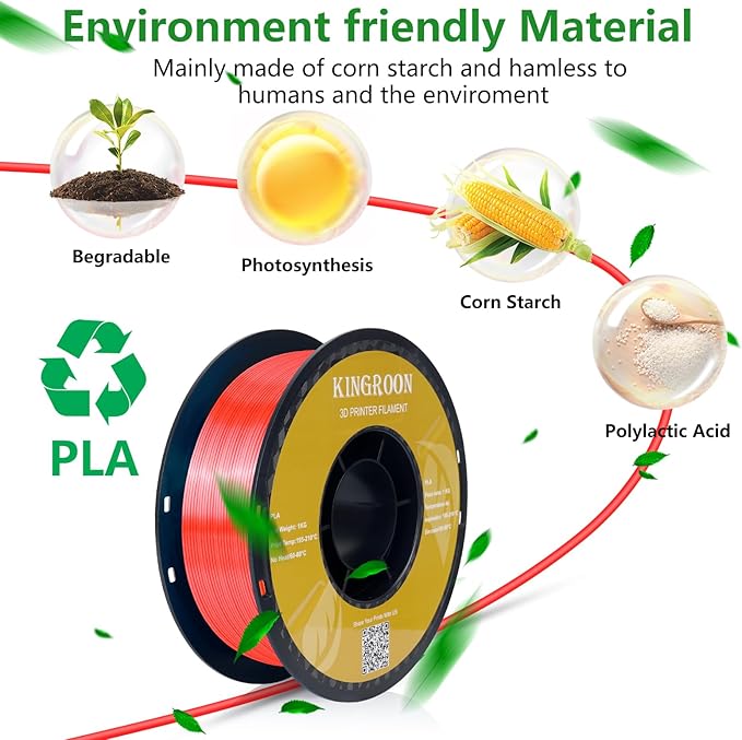 Kingroon Silk PLA 3D Printer Filament, Dimensional Accuracy - 0.03 mm, 1 kg Spool(2.2lbs), PLA Shiny Filament 1.75 mm (Red)