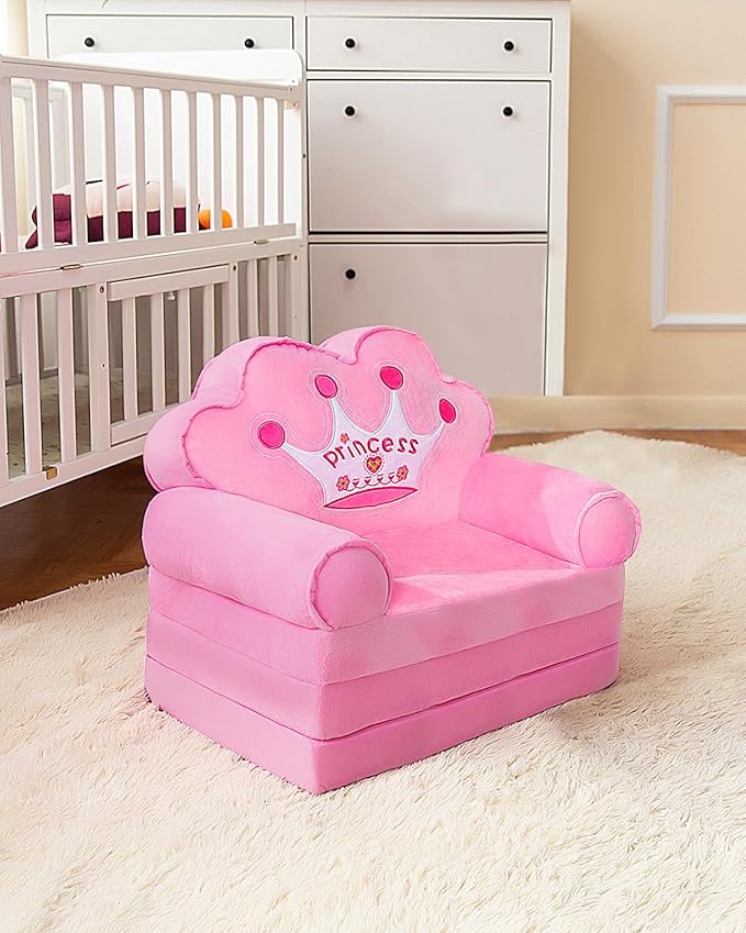 MOONBEEKI Kids Couch Fold Out, Foldable Princess Chair for Toddlers 1-3, Sofa Bed for Kids Folding Toddler Bed Lounger Chair for Bedroom (Pink)