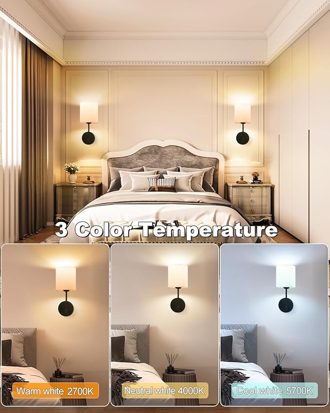 Adetu Wall Lights Battery Operated Wall Sconces Set of 2, 5CCT Black Rechargeable Wall Lamp with Remote Bulbs,10 RGB Dimmable Colors Wireless Wall Sconces for Bedroom Living Room Hallway