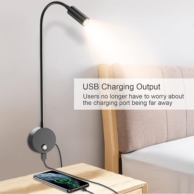 ERAY Plug-in LED Wall Mount Reading Light with 15" Flexible Gooseneck USB Charging Port Dimmable Focused Bedside Reading Lights Black-1 Pack