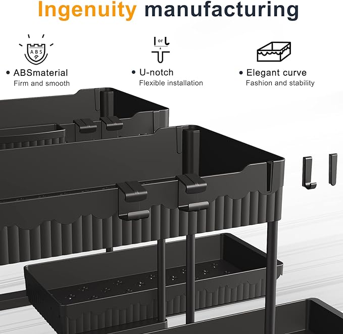 2 Pack Under Sink Organizers and Storage, 2 Tier Sliding Bathroom organizer,Multi-Use Under Kitchen Cabinet Storage Shelf (Black 2Pack)