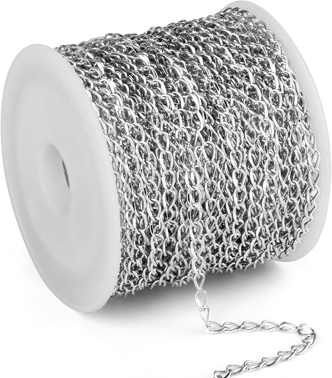 66 Feet Stainless Steel Twisted Link Chains Chains Roll, 2.7mm Width 304 Stainless Steel Flat Twisted Cable Link Chain Bulk Spool for Jewelry Making DIY Craft