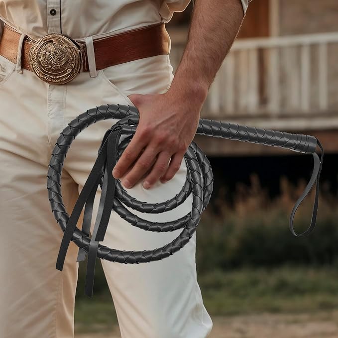 Black Whip for Halloween Costume - 6.5 Feet PU Leather Soft Prop Whip, Cat Woman Lion Tamer Cowboy Costume Accessory for Adult Women Party Dress Up Cosplay