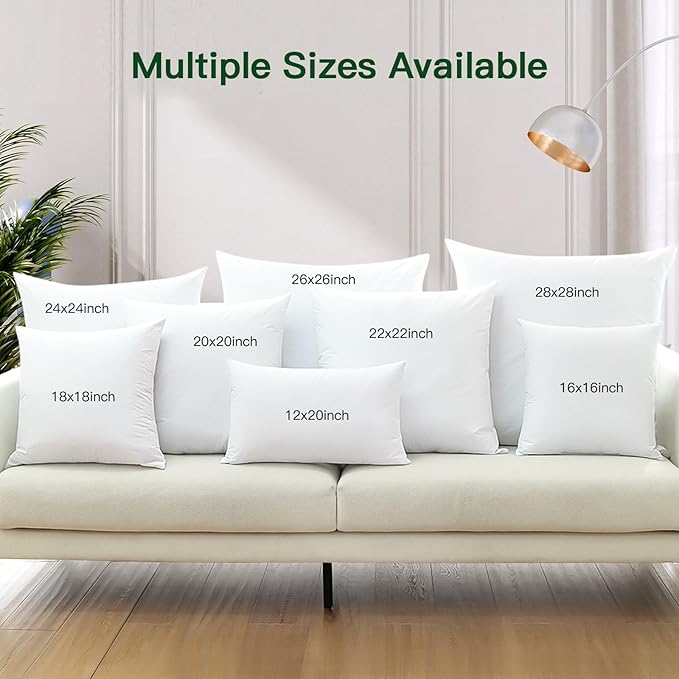 OTOSTAR Pack of 1 Down and Feather Throw Pillow Inserts, 20 x 20 Soft Fluffy Square Pillow Inserts with 100% Cotton Cover Decorative Pillows for Sofa Couch Bed-White