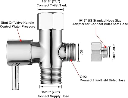 T Valve for Bidet with Shut-off Valve, T Adapter for Toilet 78 X 78 X 12 or 38, Chrome Bidet Attachment for Toilet